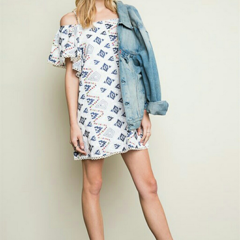 Embroidered Off the shoulder Ruffle Sleeve Dress